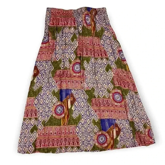 90's Black Island 2 PC Blouse Skirt Set Petite M Retro Pattern Elastic VTG - Picture 3 of 15